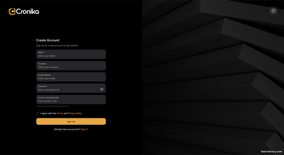 Cronika โบรกเกอร์ แบบฟอร์มลงทะเบียน